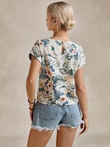 SHEIN LUNE Floral Print Keyhole Back Tie Front Top