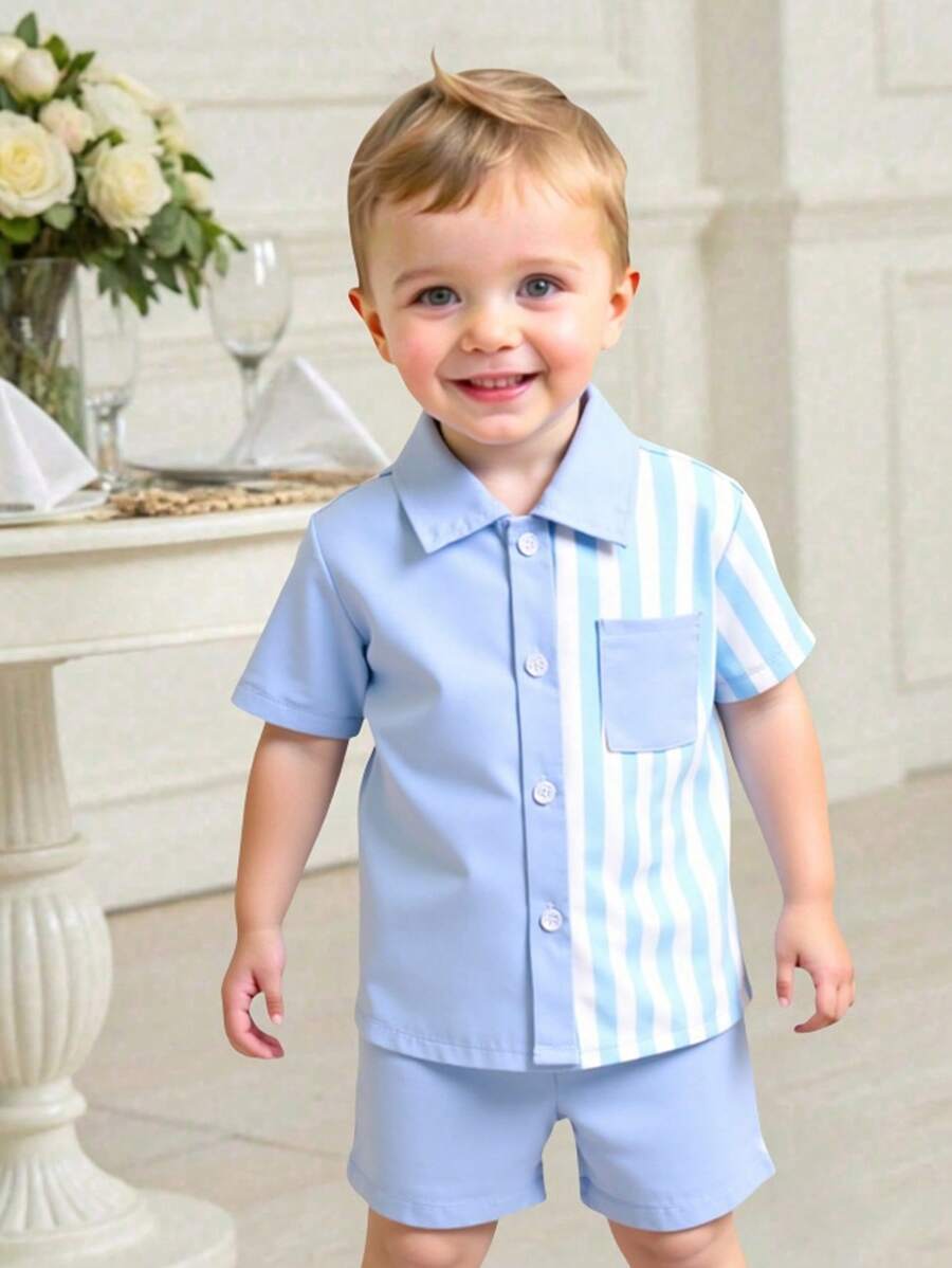 SHEIN Conjunto de camisa de manga corta a rayas y shorts para bebé niño