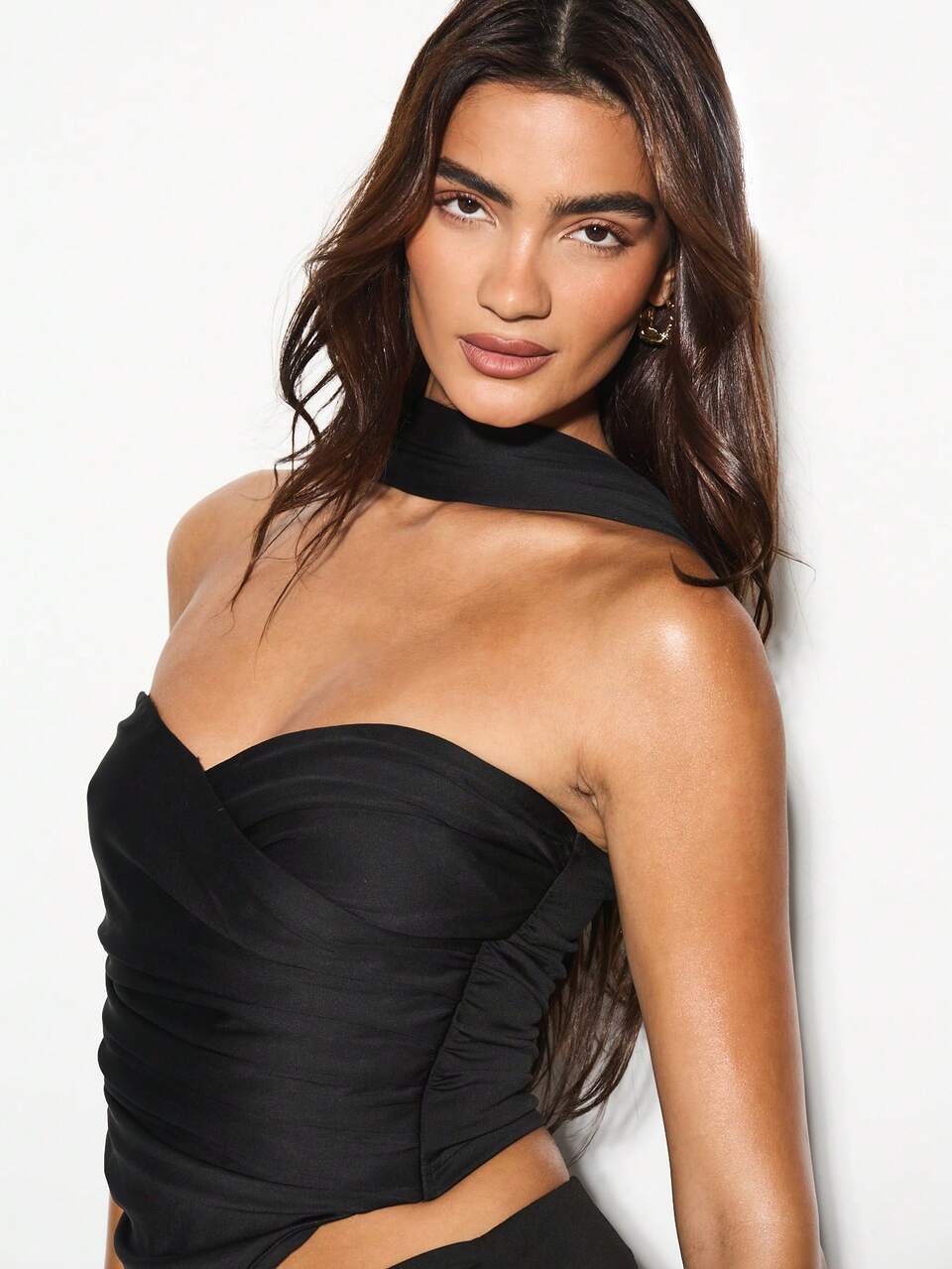 Ruched Corset Style Evening Party Top With Neck Strap Design Sophisticated Club Night Out Glamour Bandeau Wear