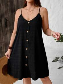 SHEIN VCAY 大码女式休闲宽松单排扣吊带中长连衣裙 - 黑色 - 查看 6