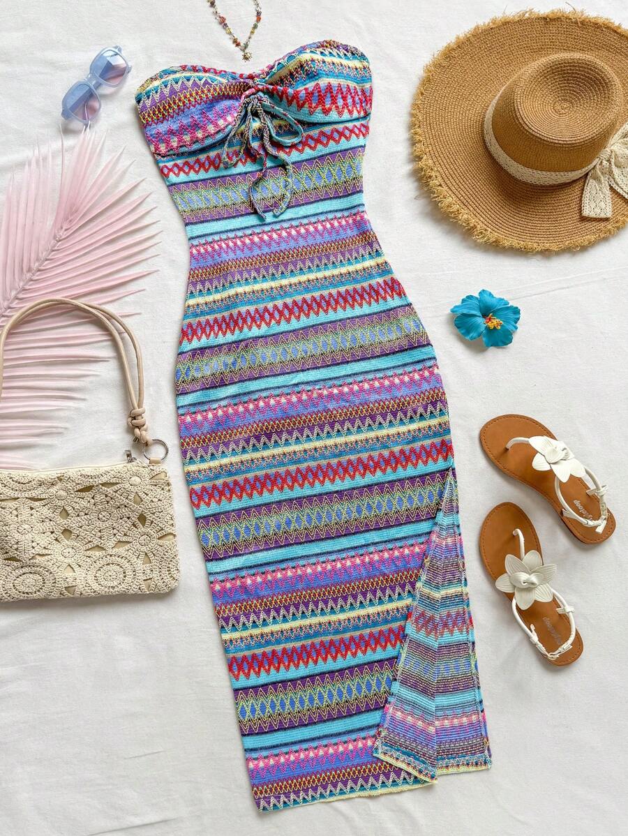 Soleia 女式条纹褶皱前系带连衣裙海滩度假装春夏女装 - 彩色 - 查看 1