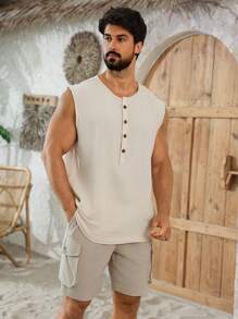 Manfinity RSRT Men's Solid Color Cargo-Style Textured Fabric Casual Shorts, Summer - Khaki - View 3