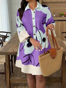 SHEIN LUNE Plus Size Elegant Floral Print Bell Sleeve Midi Dress - Multicolor - View 3