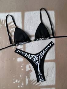 Swim Vcay 2 件春假动物印花拼接金色配饰上衣和高开叉性感比基尼泳裤套装 - 黑與白 - 查看 2