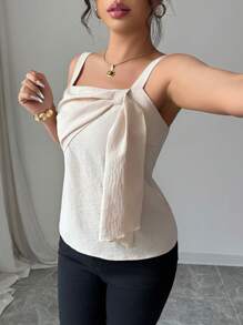 Elenzga Summer Casual Solid Color Tie-Knot Strap Camisole For Women - Khaki - View 5