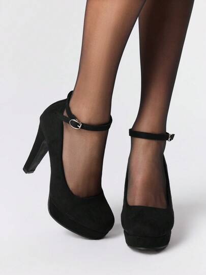 Women's Closed Toe Black High Heel Shoes With Ankle Strap, Waterproof Platform, Formal Work Dress Low Heel Pumps