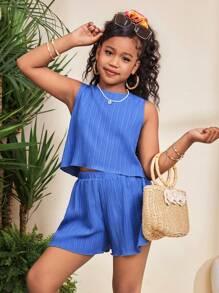 SHEIN Tween Girls Casual Vacation Ribbed Knit Sleeveless Round Neck Open Back Bowknot Decor Crop Top And Shorts Set - Navy Blue - View 2