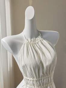 Elamini White Textured Fabric Sexy Deep V-Neck Backless Tie-Up Slim Fit Camisole Top, Chic For Spring/Summer Vacation, Babydoll Top - White - View 3