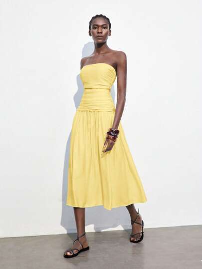 Maija 奶油黄色女式短款低腰连衣裙，现代度假休闲设计，柔软可调节细肩带低腰 A 字飘逸波西米亚海滩连衣裙，夏季