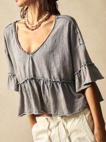 Bohemela 休闲V领纯色针织短袖荷叶边水洗女式T恤