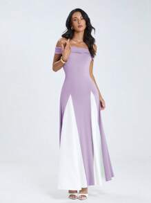 Glamine 优雅性感的女士黑色针织无袖露肩A字连衣裙 - 紫色 - 查看 1