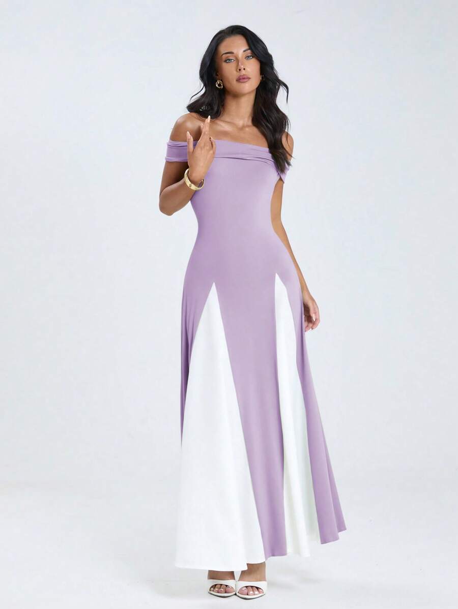 Glamine 优雅性感的女士黑色针织无袖露肩A字连衣裙 - 紫色 - 查看 1