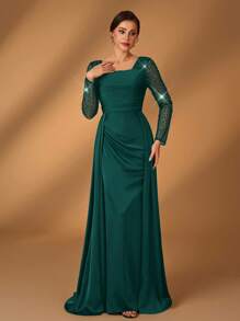Serin Elegant Luxurious Transparent Long Sleeve Satin Splice Mermaid Beaded & Sequins Shawl, Suitable For Wedding, Party, Holiday, Banquet, Bride, Mother Dress - Dark Green - View 6