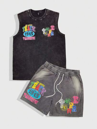 Street Life Men's Washed Casual Letter Print Tank Top And Shorts Set, Summer