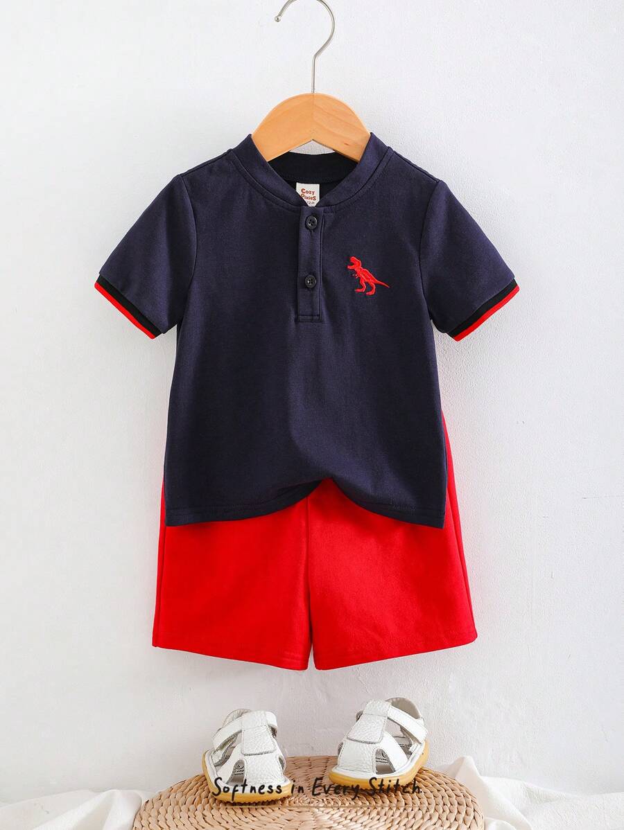 Cozy Pixies 2-teiliges Baby Jungen Set: Cartoon Tier bedruckter weicher Strick Polokragen Kurzarm Pullover + einfarbige Shorts mit Gummibund - Verschiedenfarbig - Übersicht 1