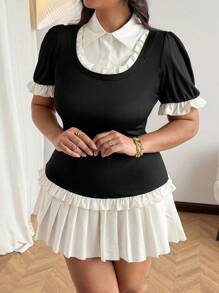 Flirla Plus Size Summer Elegant Contrast Color Pleated Hem Midi Dress - Black and White - View 4