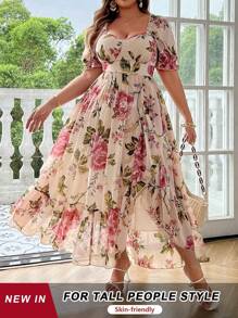 SHEIN Tall 大码女式花卉印花荷叶边袖高低下摆优雅派对/度假连衣裙 - 粉色 - 查看 1