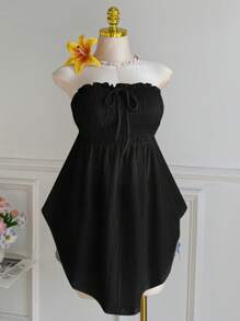 Comfortcana Top sin mangas con volantes, lazo delantero, ribete de encaje y bajo asimétrico, negro, talla grande, primavera/verano - Negro - Ver 5