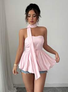 SHEIN Clasi Multi-Wear Solid Color Halter Neck Fashion Shirt, Suitable For Summer