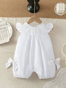 SHEIN Baby Girl Elegant Cap Sleeve Lace Bow Romper, Suitable For Casual Outings, Birthday Party, Photo Shoots, Summer - White - View 3