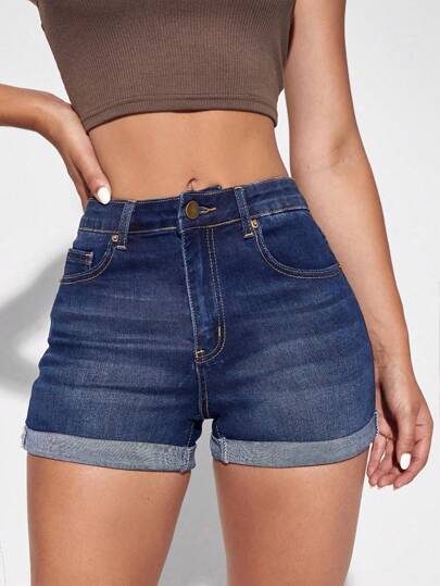 Shorts in denim con orlo arrotolato con zip