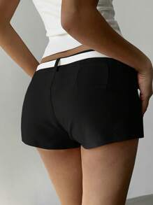 Aloruh Quần Short Nữ Hàng Mới Về, Quần Short Mini Siêu Ngắn Kiểu Dáng Gợi Cảm Màu Trơn Có Thắt Lưng, Thu/Đông - màu đen - Xem 2