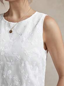 SHEIN LUNE 女式白色休閒圓領刺繡連衣裙 - 白色 - 查看 3