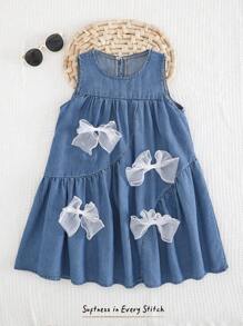 Cozy Pixies Vestido sin mangas con cuello redondo y decoración de lazo para niña joven