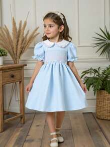 Souflis Souflis 女孩休闲舒适可爱纹理格子泡泡袖花朵荷叶边领落肩连衣裙