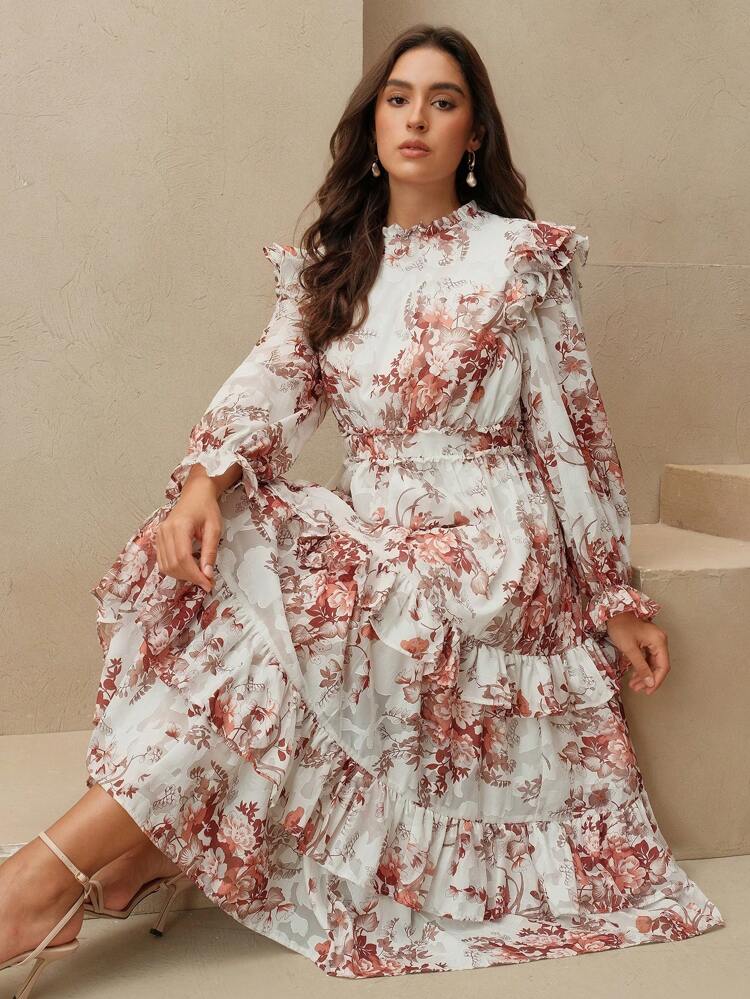 Women's Plus Size Woven Navy Blue Ruffle Edge Cake Skirt Ruffle Edge Long Sleeved Dress Floral Dress Women