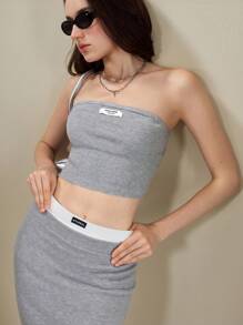 Muvela Women Short Bandeau Knit Top And Mini Skirt 2 Pieces Set, Casual Daily Summer Two Piese Set Women Skirt And Top Set