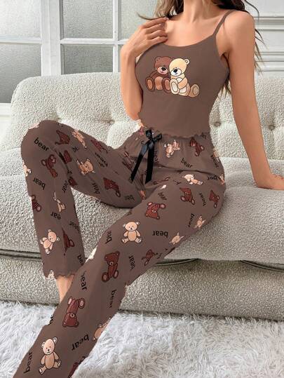 女士卡通熊吊带背心和裤子睡衣套装、休闲套装