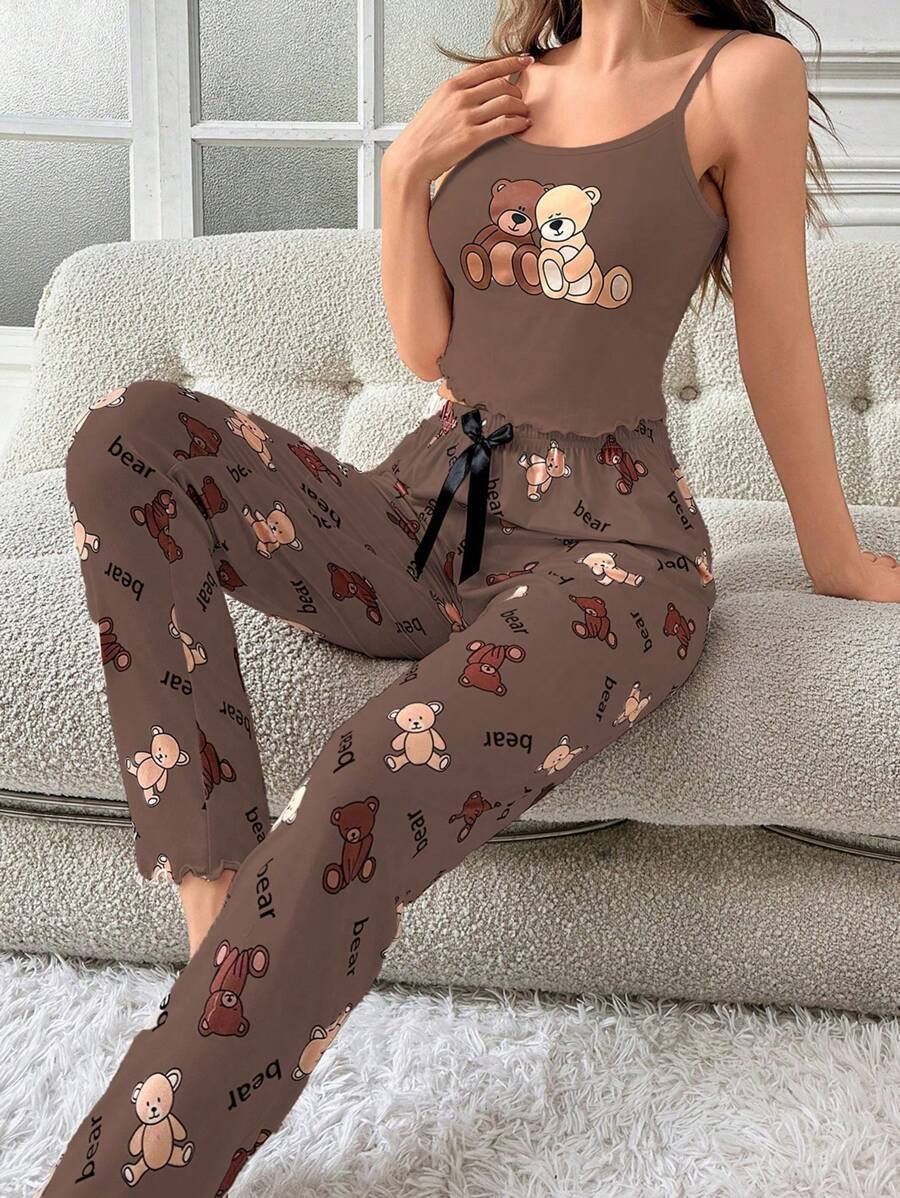 女士卡通熊吊带背心和裤子睡衣套装、休闲套装 - 彩色 - 查看 1