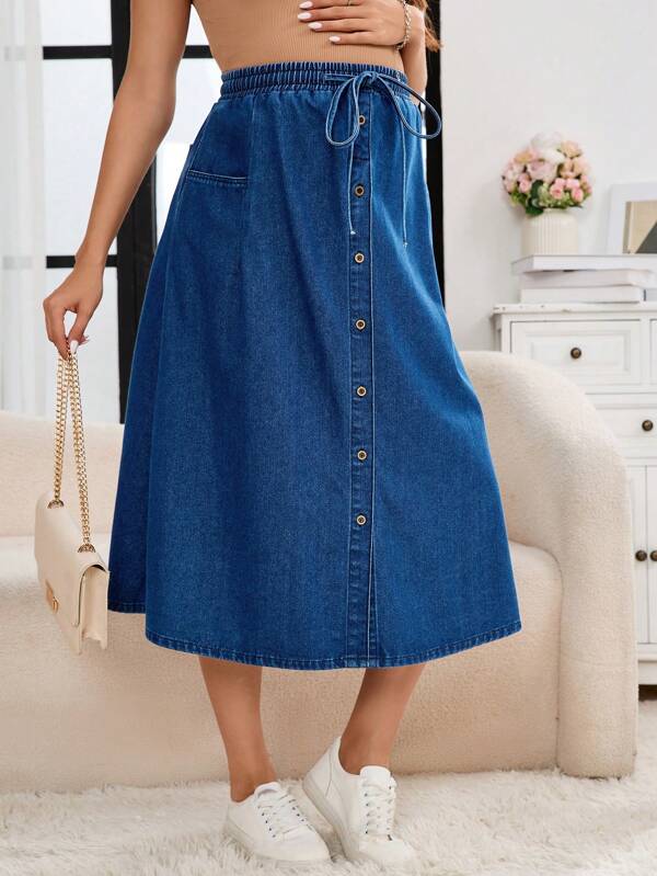 SHEIN Adjustable Waist Pocket Maxi Denim Skirt For Maternity