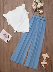 Girls Sweet Heart Print T-Shirt And Loose Waist Casual Pants Set, Comfortable And Fashionable, Suitable For Summer Young Girls Sets - Light Wash - View 2