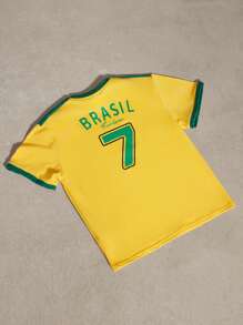 SHEIN Leap Crew Tween Boys Spring/Summer Streetwear Round Neck Short Sleeve 'Brasil 7' Numeric & Letter Print Casual Loose Fit T-Shirt,Parent-Child Clothing - Yellow - View 7