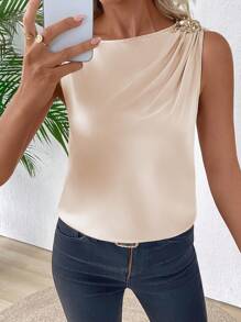 EMERY ROSE Women's Solid Color Ruched Round Neck Metal Flower Decor Sleeveless Elegant Blouse