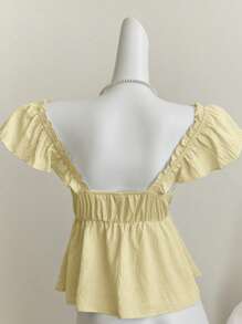 Elamini Blue Cute Ruffle Trim Cap Sleeve Sexy Low Neck Backless Cropped Camisole Top