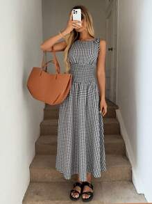Easowa 女式无袖 A 字中长连衣裙，肩部系带蝴蝶结，腰部褶皱，格纹图案，休闲度假，优雅户外穿着，春夏季，波西米亚服装，老钱风格