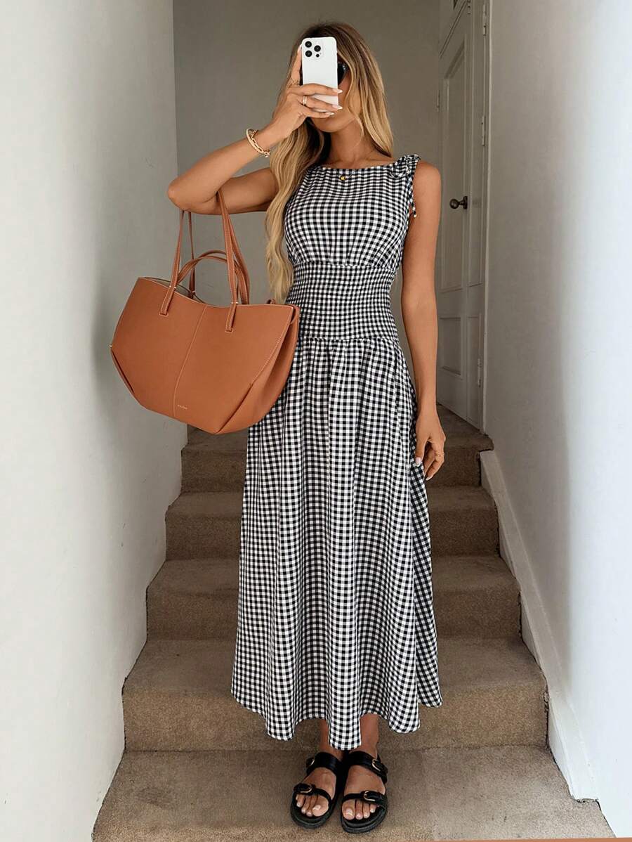 Easowa 女式无袖 A 字中长连衣裙，肩部系带蝴蝶结，腰部褶皱，格纹图案，休闲度假，优雅户外穿着，春夏季，波西米亚服装，老钱风格