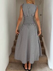 Easowa 女式无袖 A 字中长连衣裙，肩部系带蝴蝶结，腰部褶皱，格纹图案，休闲度假，优雅户外穿着，春夏季，波西米亚服装，老钱风格