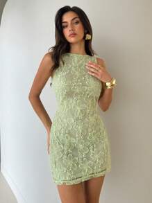 Aloruh Robe mini sexy à volants pour femme, robe fourreau dos nu en mousseline de soie brodée, idéale pour les vacances, style haltère, printemps/été