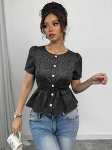 Breezaya Women's Leopard Jacquard Round Neck Puff Sleeve Ruffled Hem Elegant Blouse - Black - View 5