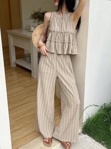 DAZY 2 pezzi/set Top alla halter con volant a righe e pantaloni casual da donna