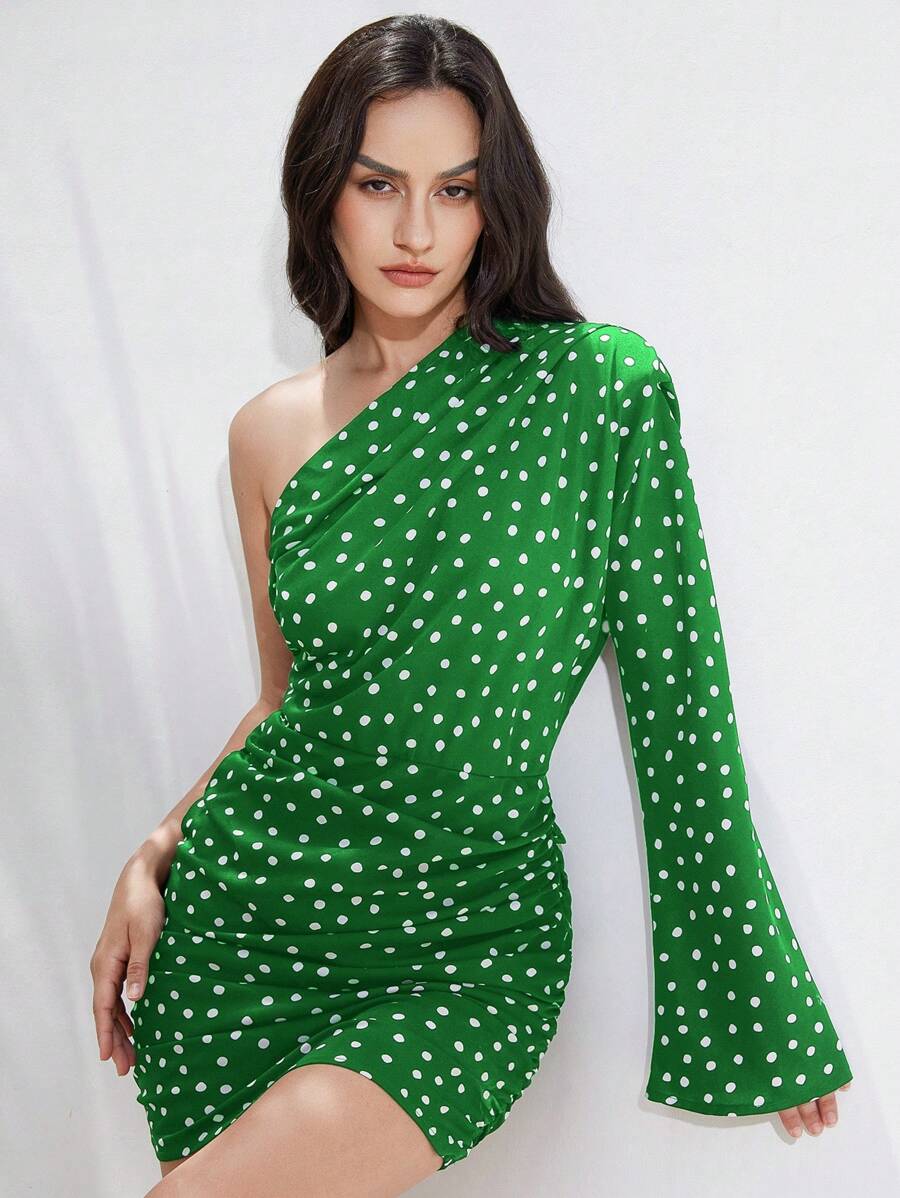 SHEIN Privé 法式经典圆点垫肩不对称褶饰下摆短款连衣裙,春季女士 - 綠色 - 查看 1