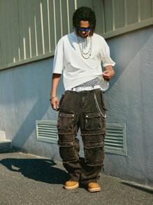 PAVTROS 男士链条装饰牛仔裤，时尚 - 棕色 - 查看 3