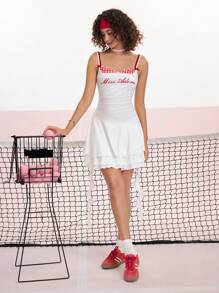 SHEIN MOD Weißes Farbblock-Buchstaben-Volant-Dekor süßes Schulstil-Kleid - Weiss - Übersicht 4