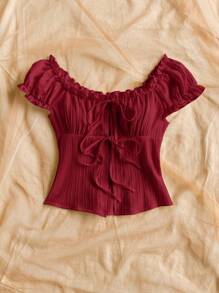 Soleia Textured Tie-Up Casual Resort Shirt, Versatile & Red Off Shoulder Top Wine Red Top Red Summer Top Dark Red Top Cute Red Top