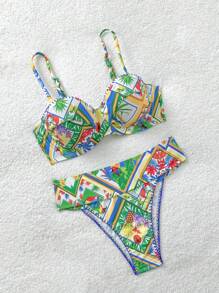 Soleia Women's Swimwear, Sexy Elegant Bird Print Pattern, Adjustable Shoulder Straps, High Waisted High Cut Bottoms, Summer Vacation Swimwear Set - Multicolor - View 5