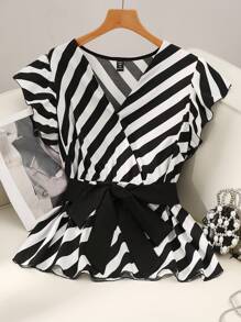 SHEIN Clasi 大码女式条纹荷叶边袖系带腰时尚衬衫